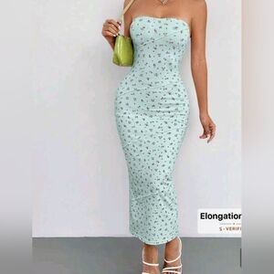 SHEIN Light Blue Strapless Floral Midi Dress